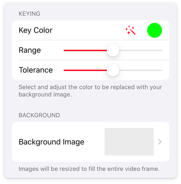 Green Screen app settings